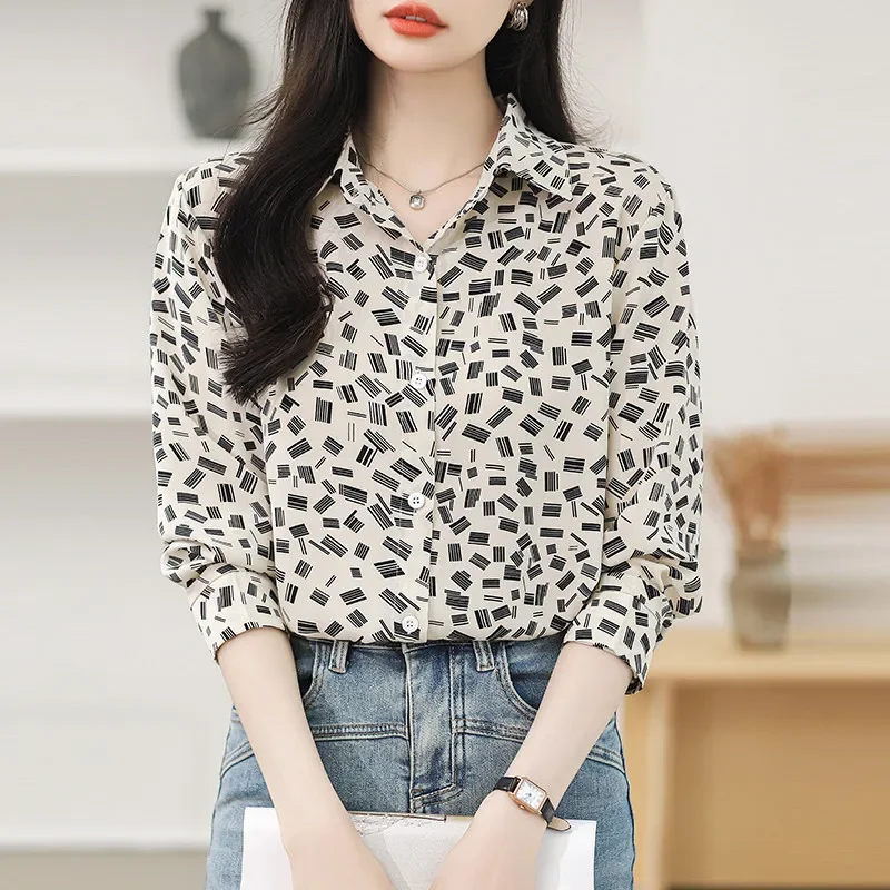 Retro Long Sleeve Printed Shirt Fashion Korean Casual Office Lady Tops Women's Clothing