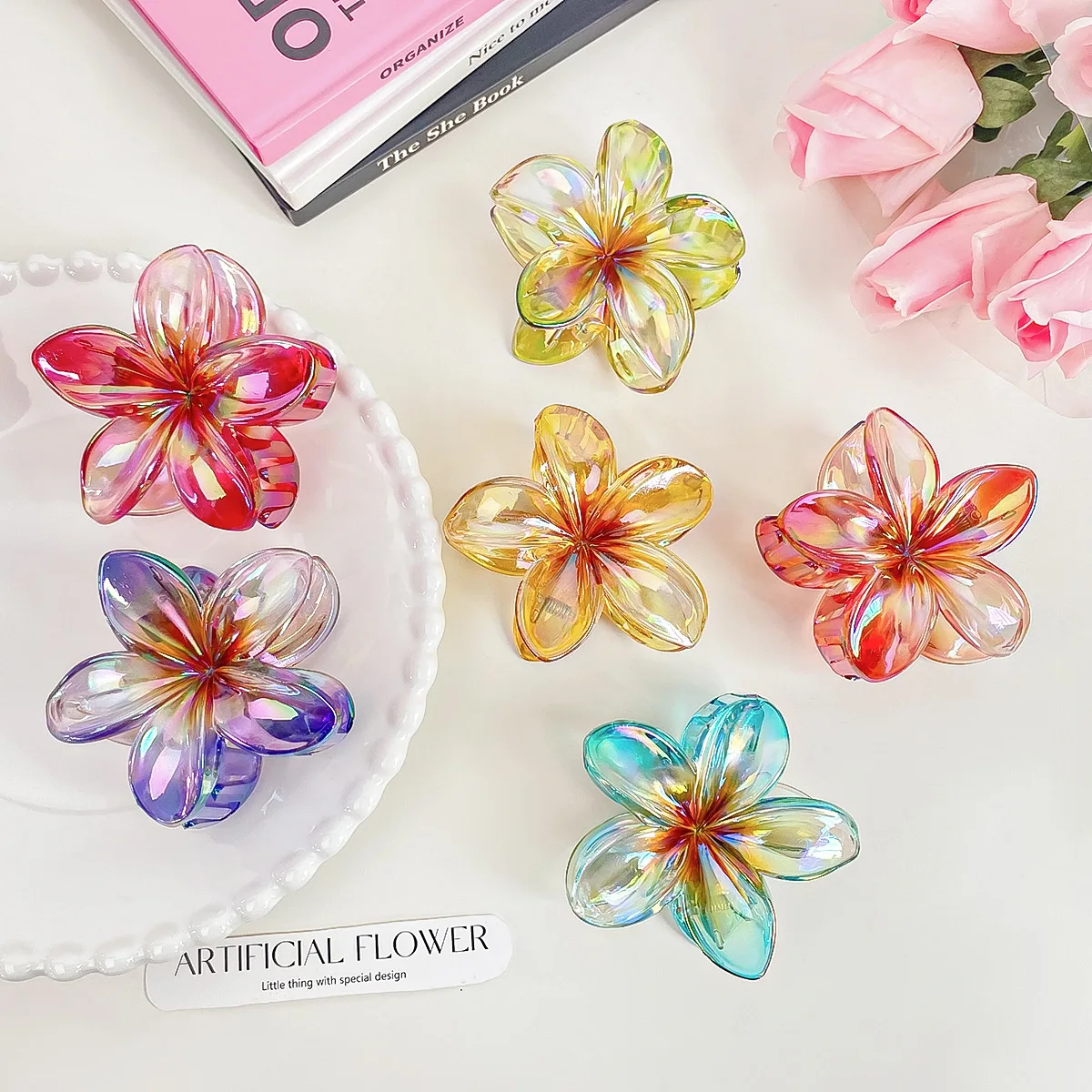 Y2K Laser Plumeria Floral Hair Claws Bohemia Petal Shape Hair Clips Sweet Women Gradient Crab Clamp Girls Trendy Hair Accessorie