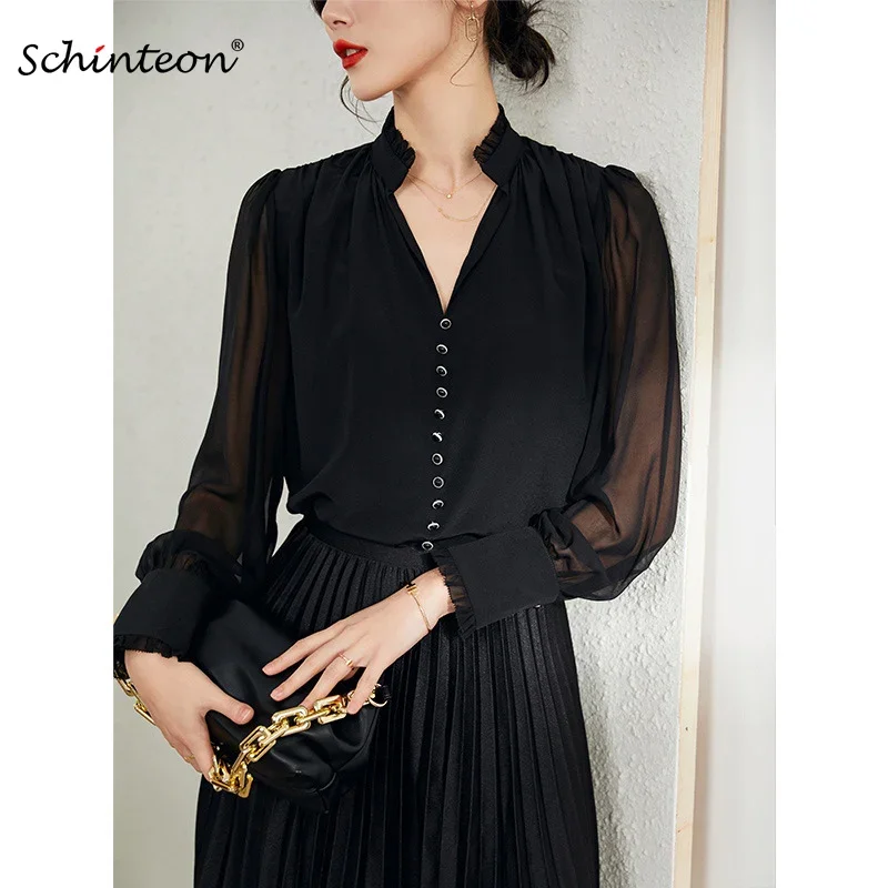 

Schinteon Women 100% Real Silk Blouse Stand Collar Long Sleeved Pullover Shirt Spring Summer Office Lady Top Buttons Ruffles New