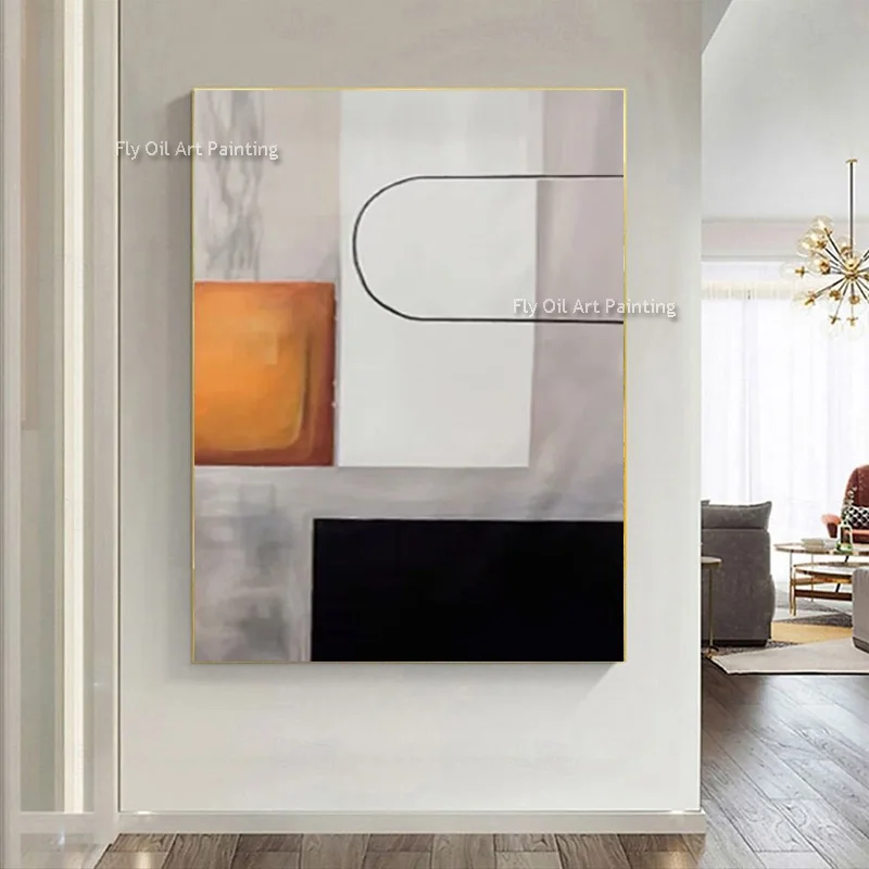 

Большой ручной работы, черный, серый абстрактный простой настенный художественный декор для дома, оригинальная картина искусства, белый, серый, оранжевый, картина маслом в качестве подарков