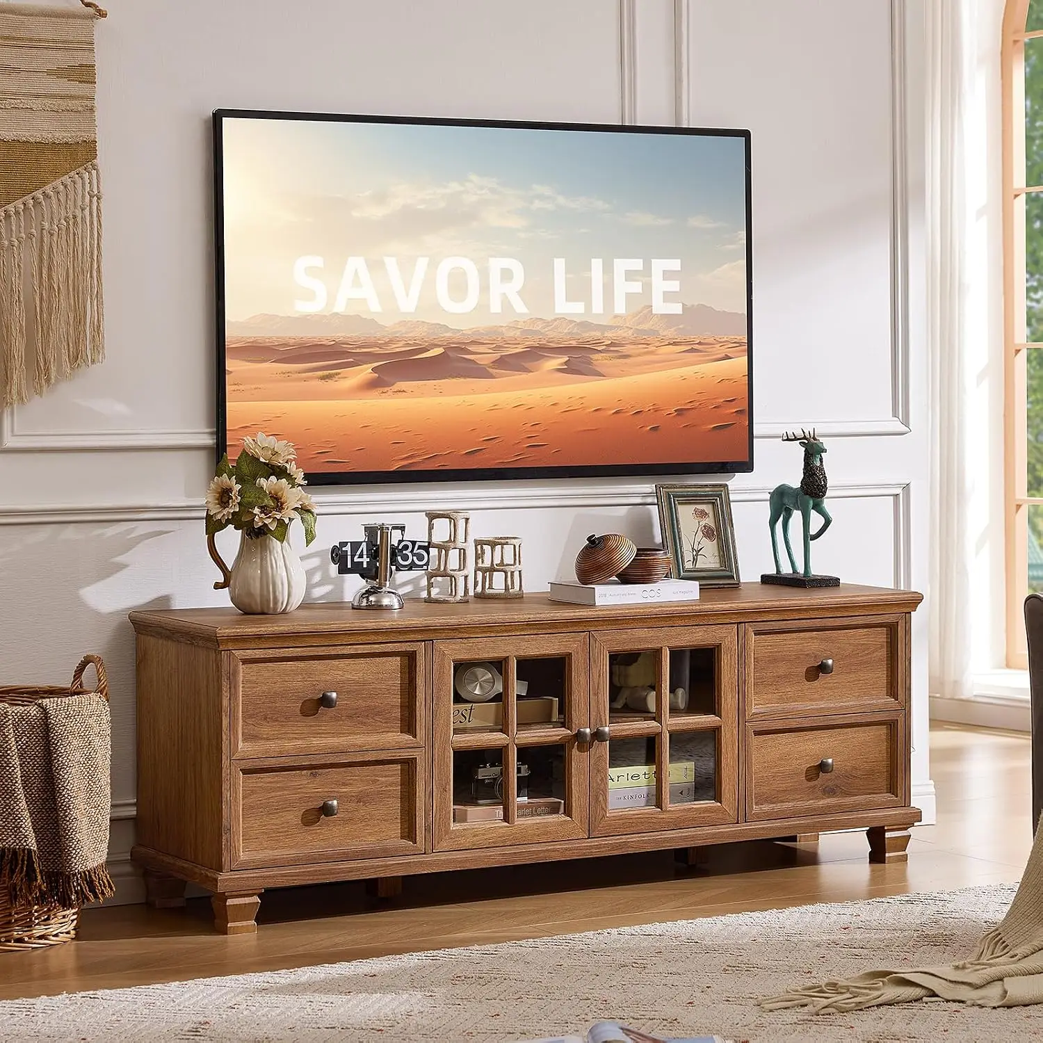 SAVOR LIFE Farmhouse TV Stand and Coffee Table Set 4 Piece, Brown | Living Room Table Set with Drawer & Open Shelving & Thick Ta