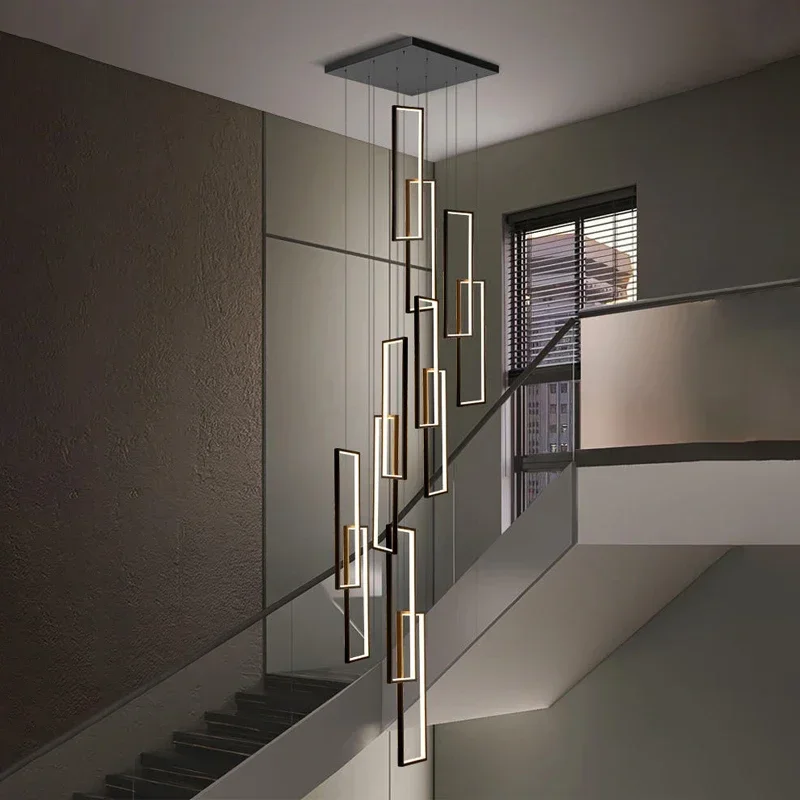 Minimalist Staircase Chandeliers Modern Lighting Fixtures in Loft Apartments Square LED Pendant Lamp Hallway Hanging Chandelier