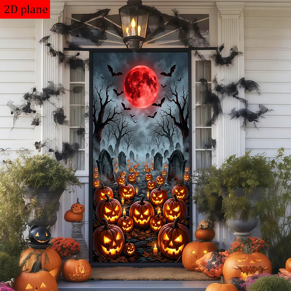 Halloween red moon bats graveyard jack - o'- lanterns candles Door frame decoration with high elasticity elastic band