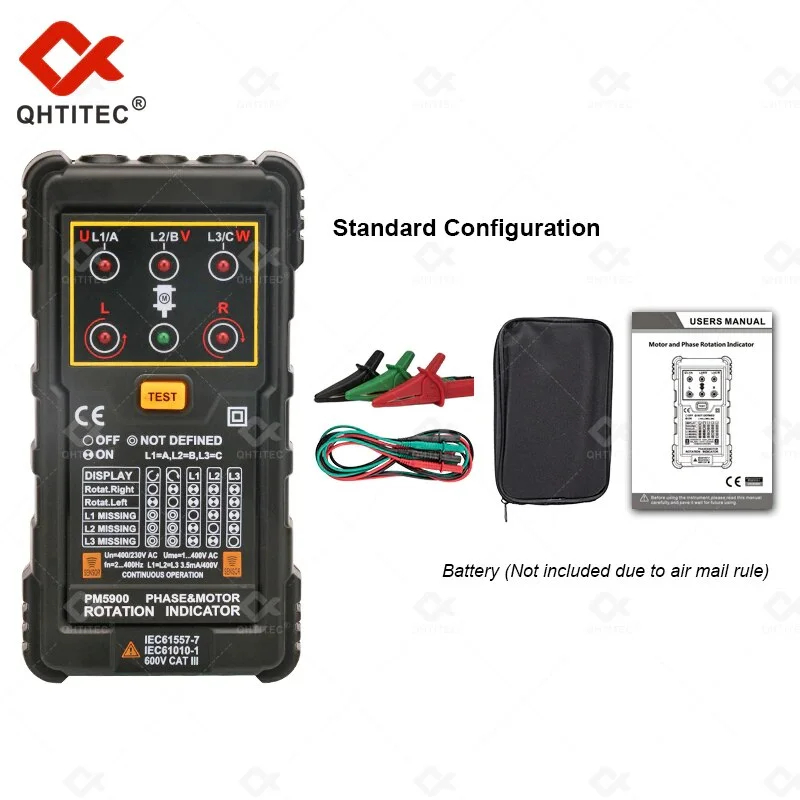 QHTITEC PM5900 3 Phase Rotation Tester 120V ~ 400V AC Digital Phase Indicator Detector Phase Sequence Meter Voltage Tester