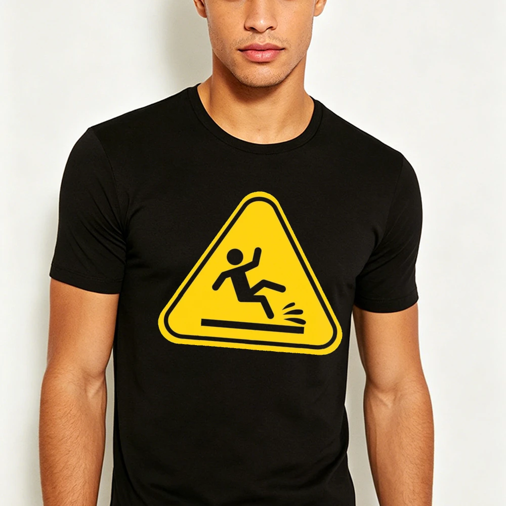 Yellow Triangle Slip Risk Warning Symbol Graphic Men Summer T Shirt Caution Sign Minimal Humor Daily Short Sleeve Apparel