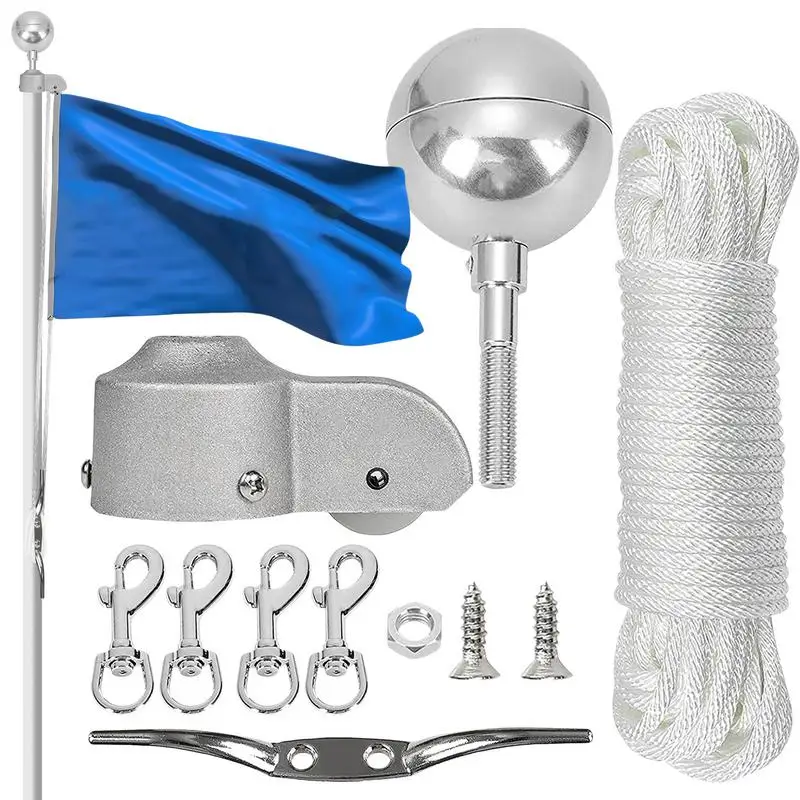 Flag Pole Pulley And Rope Kit Flag Pole Parts Outdoor Décor Repair Kit For Pole Features 4 Metal Swivel Snap Clips 3 Inch