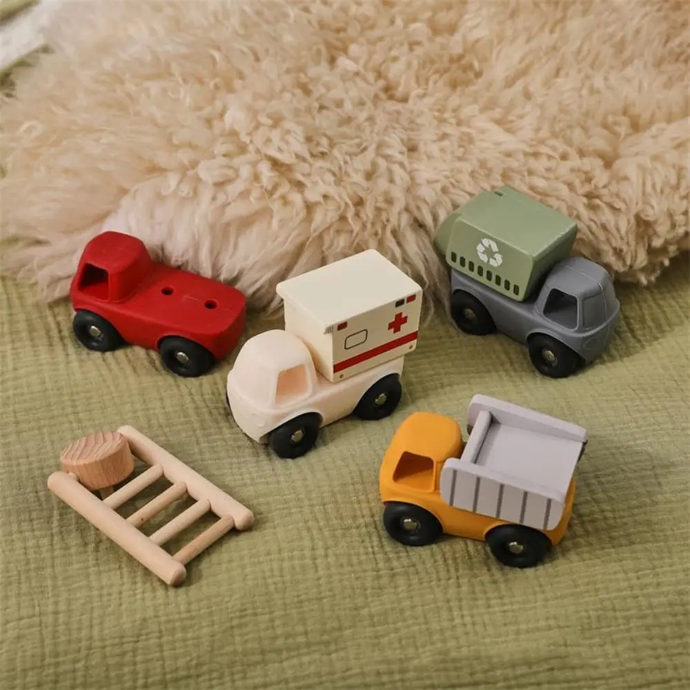 

Food Grade Engineering Car Toys Cartoon Design Tipper Truck Ambulance Truck Toys BPA Free Silicone Montessori Cartoon Car Toy