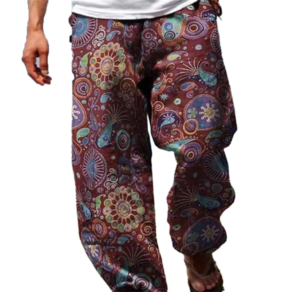 Calça casual de harém larga masculina, elástico na cintura, praia, solta, perna larga, calça hippy