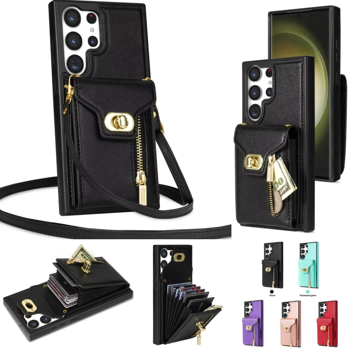 

Кожаный чехол через плечо для Samsung Galaxy S25 S24 Ultra FE S23 Plus S21 FE S20 A14 A54 A13 A53 A52, чехол для телефона с слотом для карт и бумажником