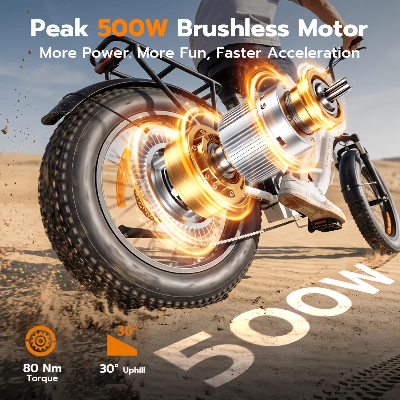 F66 Low-Speed Electric Bicycle, 15.53MPH E-Bike, 500W Peak Motor, 48V13Ah Battery, 20-Inch Fat Tire, Color LCD Display for Urban & Outdoor Riding image 6