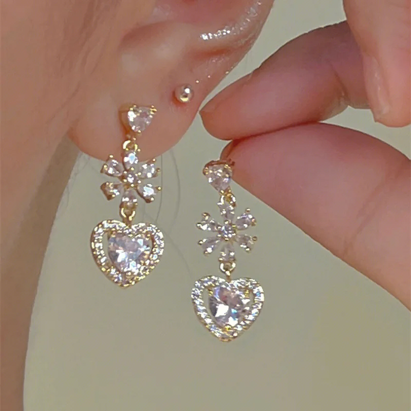 Korean Star Moon Heart Zirconium Ball Triangle Tassel Stud Earrings Women Light Luxury Elegant Girlfriend Jewelry