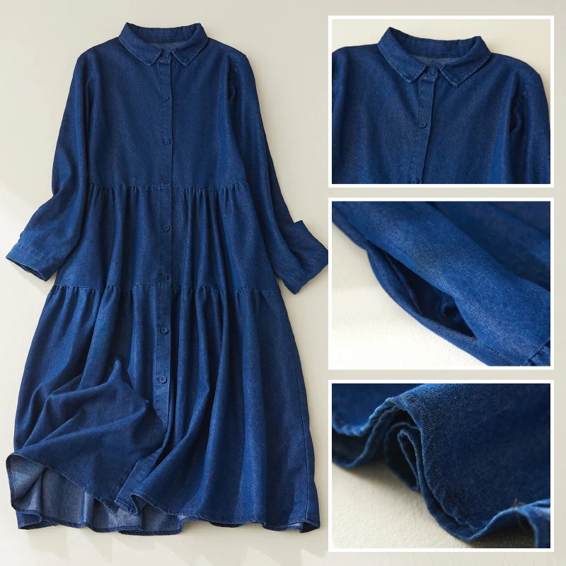 Waed Denim irt Dr Colletto Lungo Sve Sciolto A-Line Silhouette Colore puro Autunno Faion per donne dall'aspetto più giovani