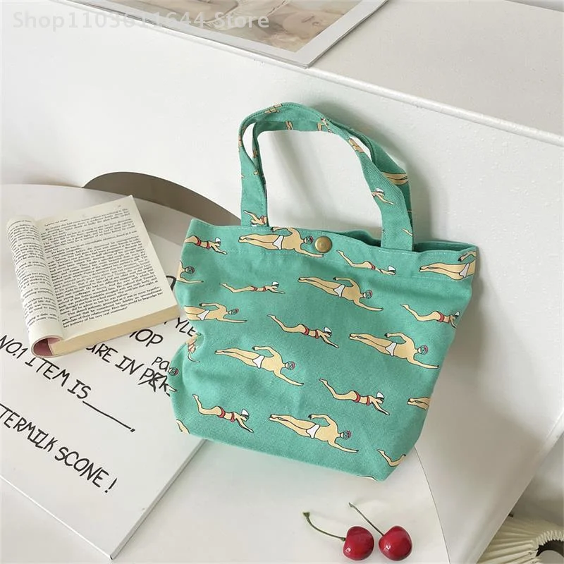 

Cartoon Cute Embroidered Print Handbag Lunch Bag Canvas Mom Bag Office Bag Girls Student Outing Large Capacity Storage Bag Gifts