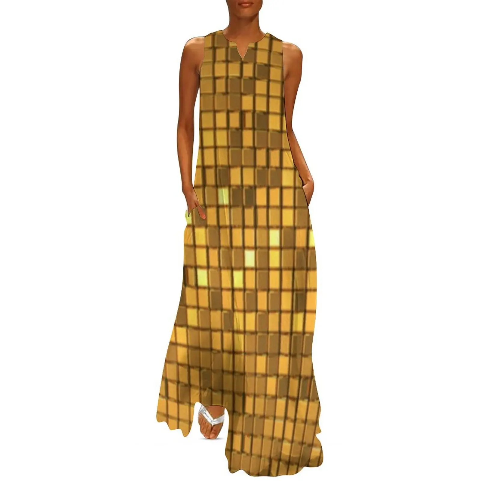 Golden shiny disco ball Long Dress chic and elegant evening dress Summer skirt Dress