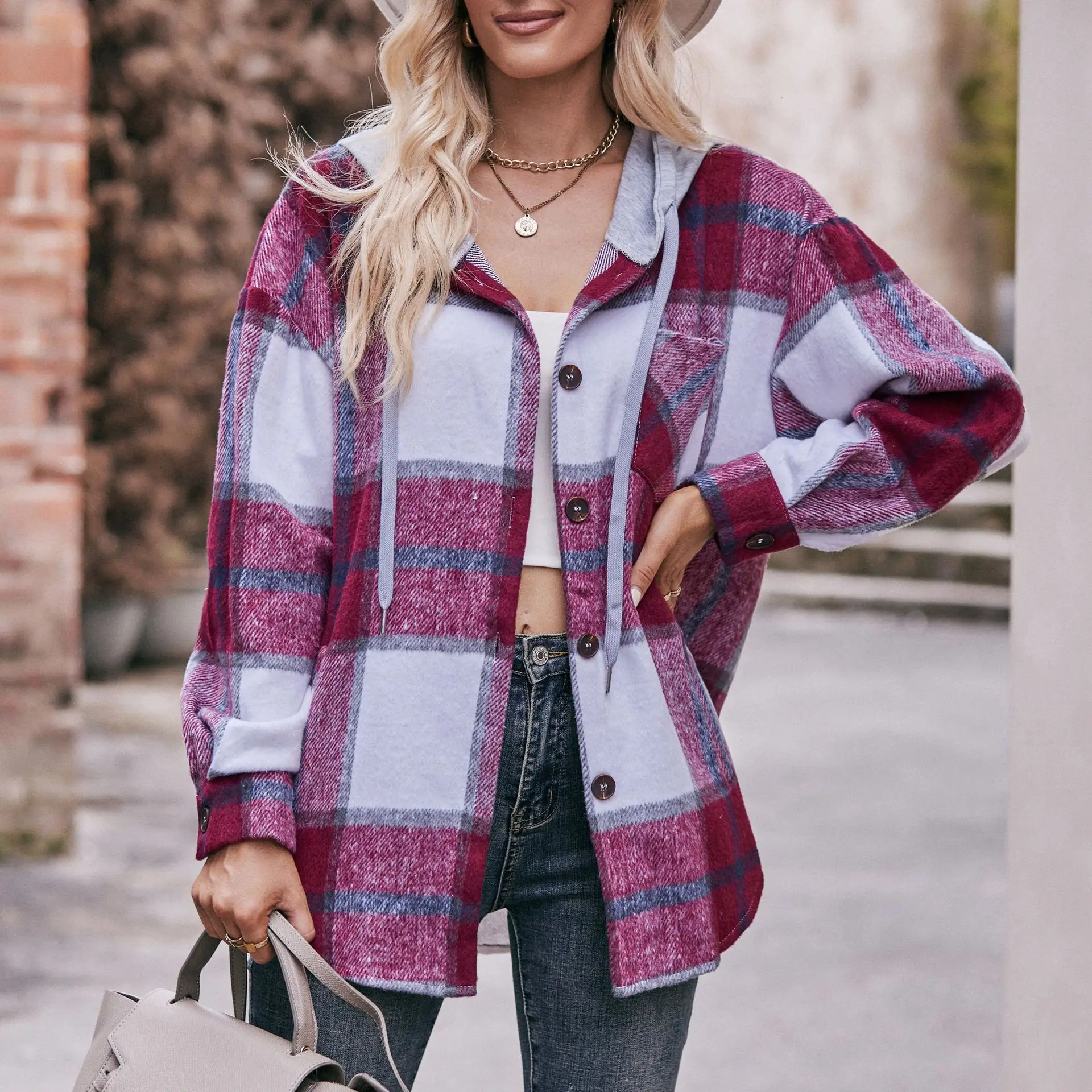 Street Sle Abrigo largo con capucha a cuadros irt, tela de poliéster estampada, ajuste holgado, irt para mujer de 25 a 29 años