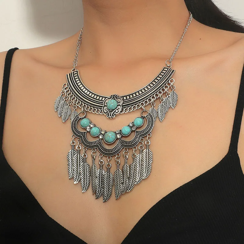 Artystyczny naszyjnik w stylu Vintage Maxi Choker dla kobiet duży etniczny w stylu cygańskim kołnierz naszyjnik z frędzlami geometryczna biżuteria