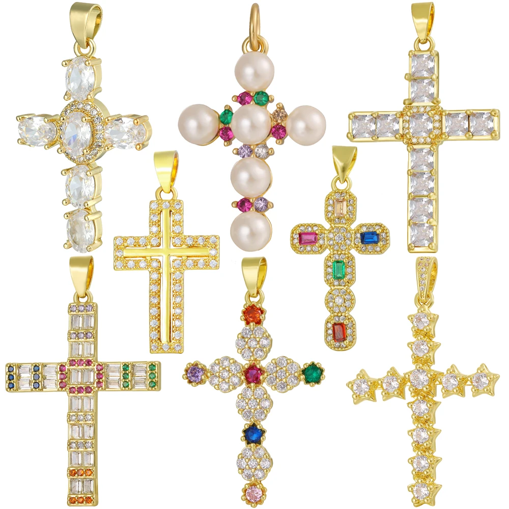

Juya DIY Religious Catholic Jewelry Supplies Handmade 18K Real Gold Plated Cubic Zirconia Decorative Christian Cross Charms