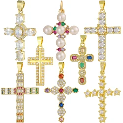 Juya DIY Religious Catholic Jewelry Supplies Handmade 18K Real Gold Plated Cubic Zirconia Decorative Christian Cross Charms