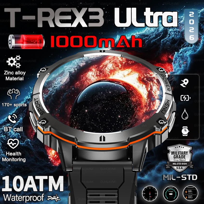 

2025New 1000mAh Large Battery T-REX3 Durable Adult Smart Watch Compass 100+Sport 10ATM Waterproof HD Call Sports Smartwatch Men