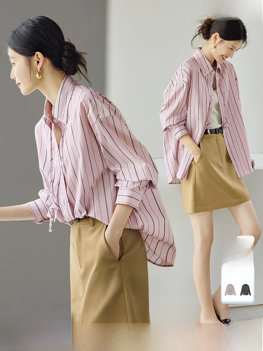 

Женская повседневная рубашка XWI из чистого хлопка, розовая в полоску, свободного кроя, стройнящая, летняя, 2026, универсальный топ, комфортная посадка, длинный рукав, на пуговицах