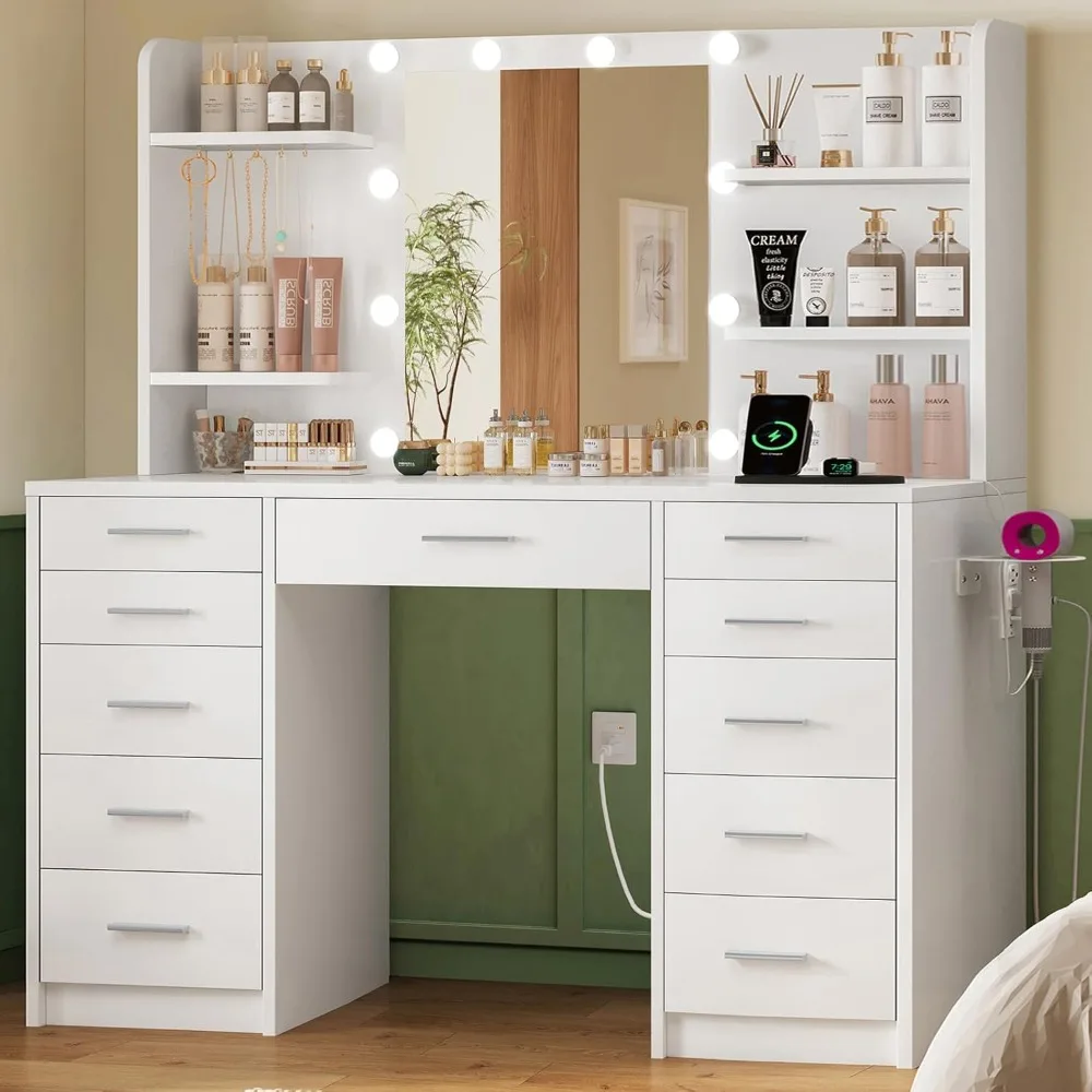 

47.2 Large Vanity Desk with Mirror and Lights, Makeup Vanity with 11 Drawers & 6 Open Shelves, 3 Lighting Modes
