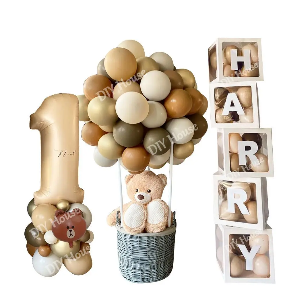 1set Carton Bear Vintage Brown Balloon Set Caramel Number Balloon for Kids Bear Themed Birthday Party Decorations DIY Supply