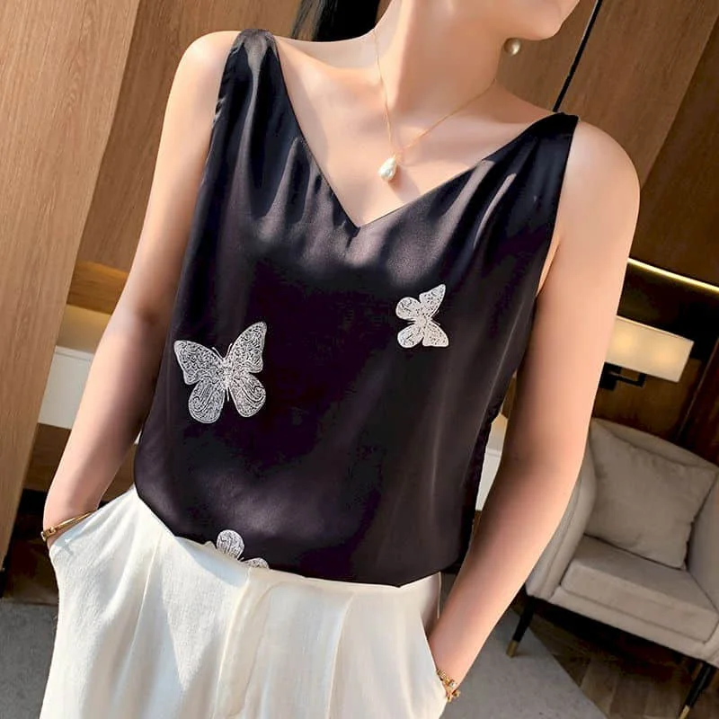 

Silk Vest for Women Summer Minimalism V-neck Vintage ButterflyCasual Sleeveless Tops Basic Korean Style Tanks Women Clothing