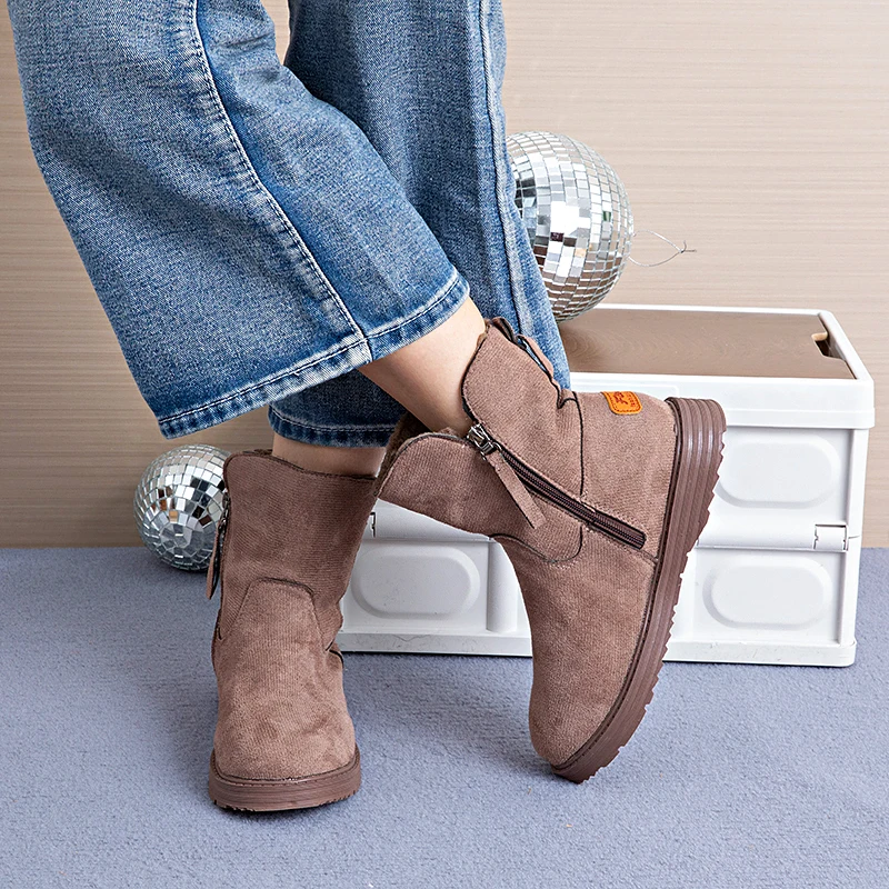 Thick-soled Women's Winter2025New Style Fleece-Lined Thickened Warm Short Boots Northeast Fashion Non-Slip Short Boots