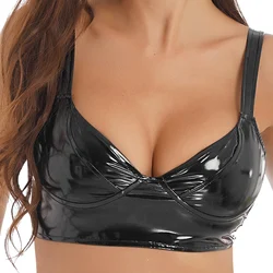 Womens Latex Corset Top Wetlook Patent Leather Wireless Bra Tops Camisole Shoulder Straps Crop Top for Pole Dance Party Clubwear