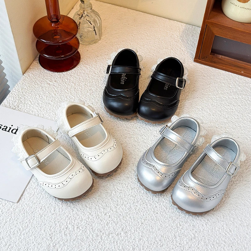 Girl Spring Autumn New Princess Fashion PU Leather Shoes Soft Sole Non-slip Lace Square Mouth School Student Size 23-32