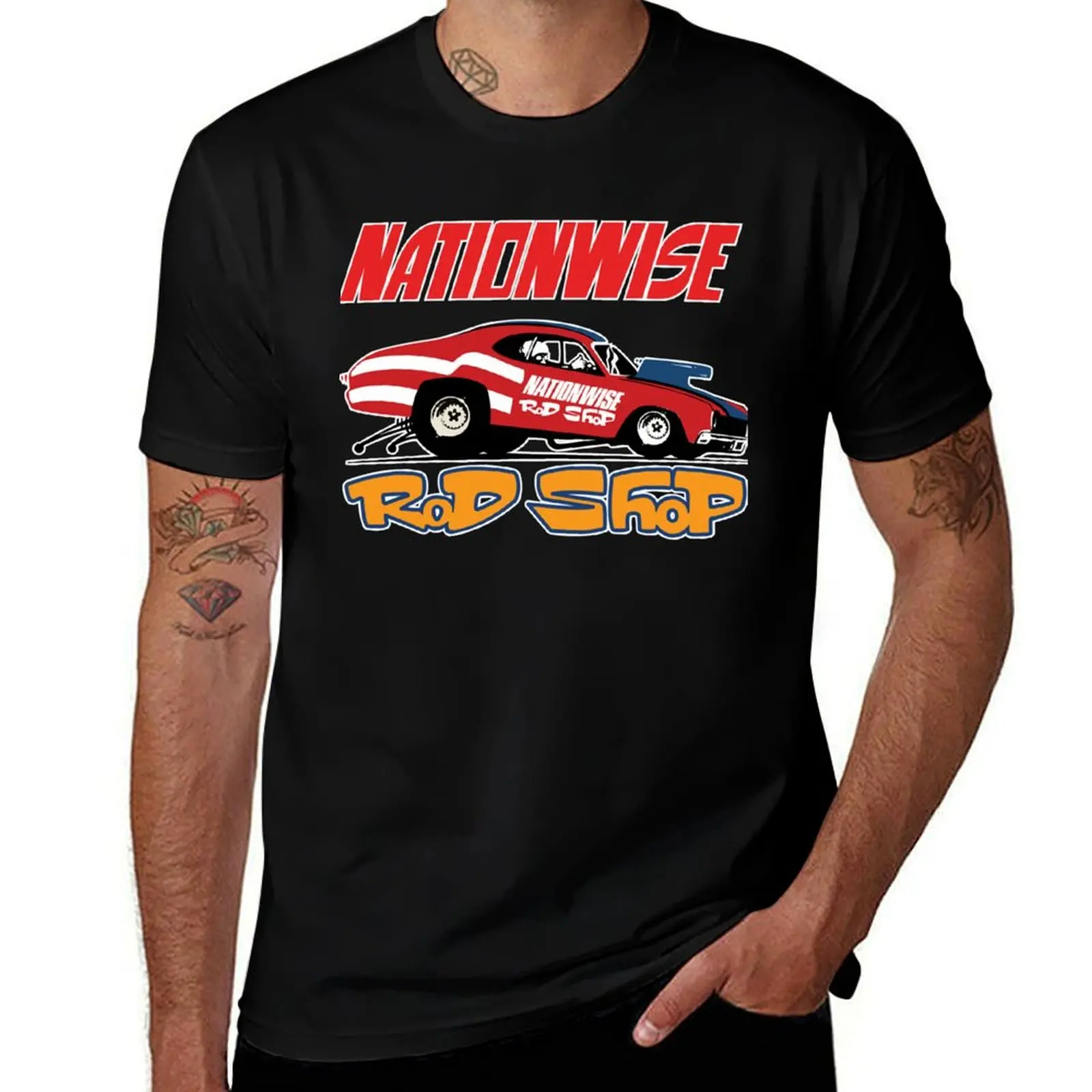 

Nationwise Rod Shop Speed Shop 1970s Retro T-Shirt quick drying funny meme t-shirts mens t shirt