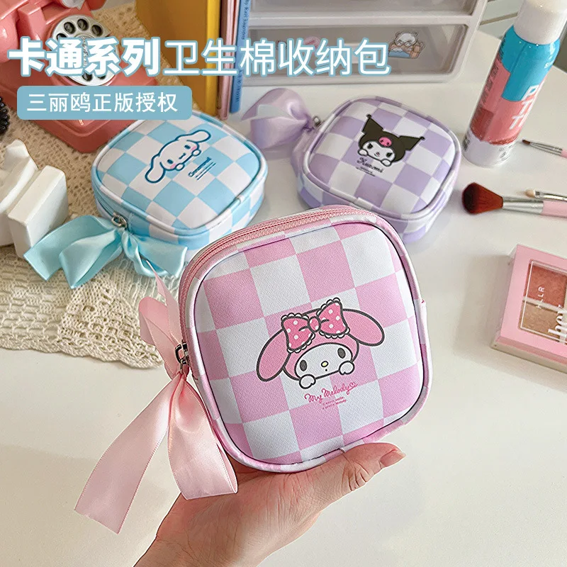 

Cartoon Sanrio Menstrual Pad Organizer Bag Cute Kuromi Melody Cinnamoroll Pu Waterproofing Portability High Volume Cosmetic Bag