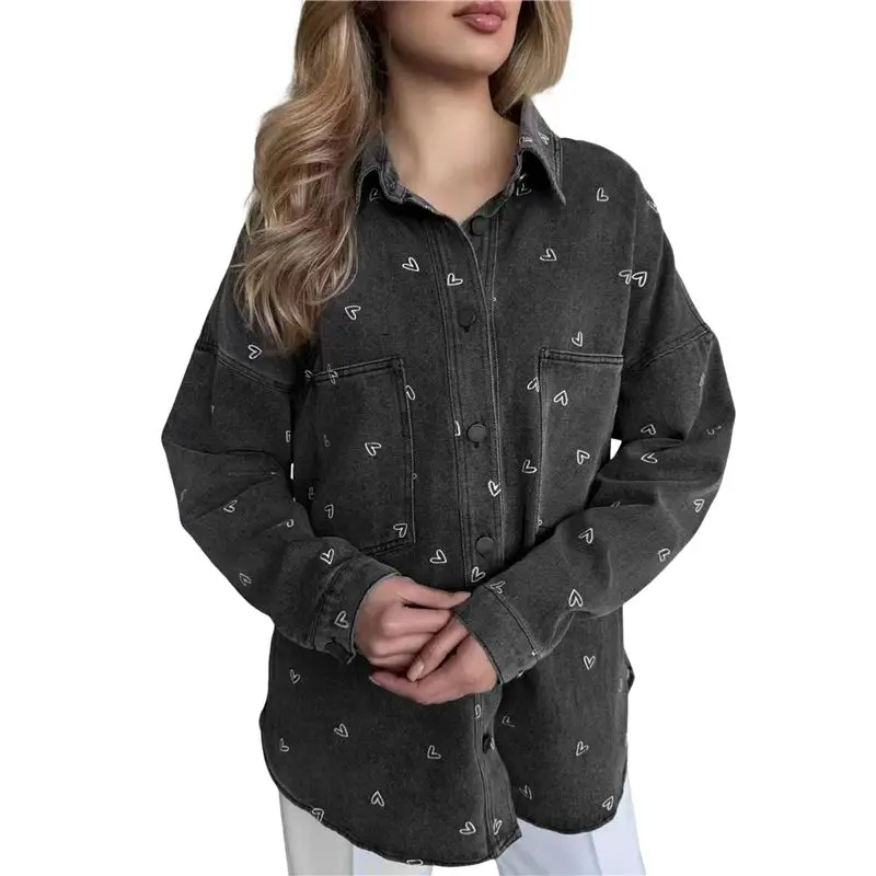 ABFU-قميص دينم نسائي بأزرار من قماش الدنيم، سترة خريفية مطبوعة كاجوال، قميص علوي