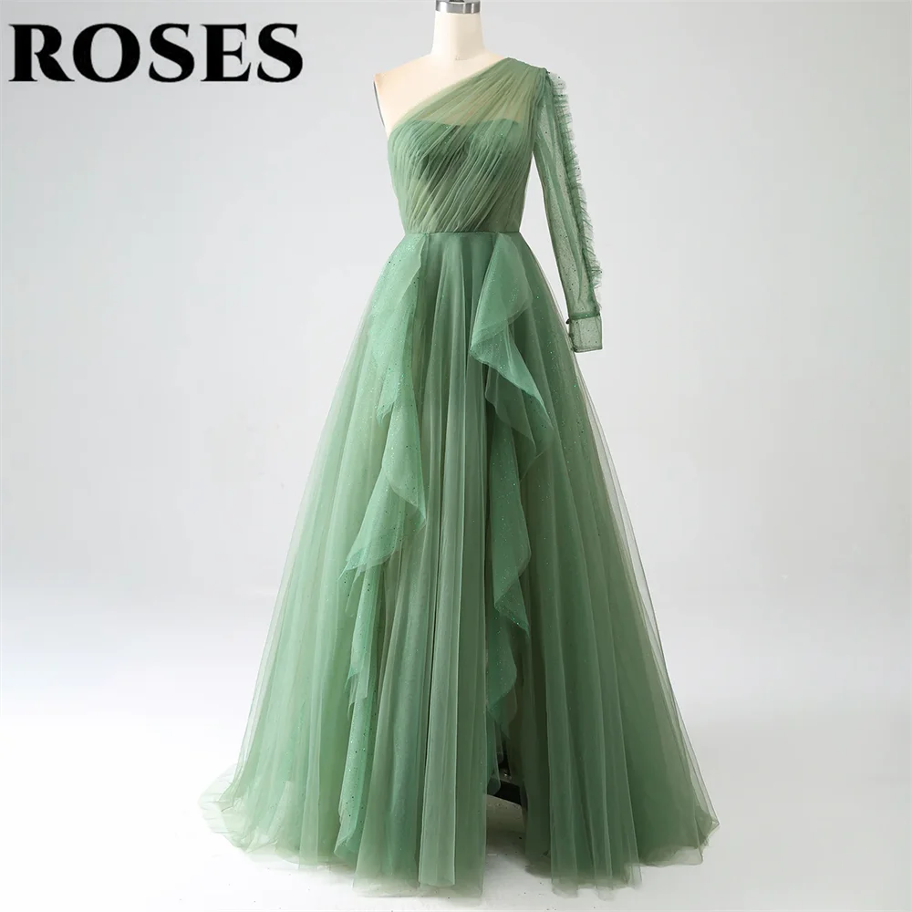

ROSES Green Elegant Prom Dress Net One Shoulder Ruched Formal Gowns with Pleats Tulle A-line Simple Evening Dresses Customized