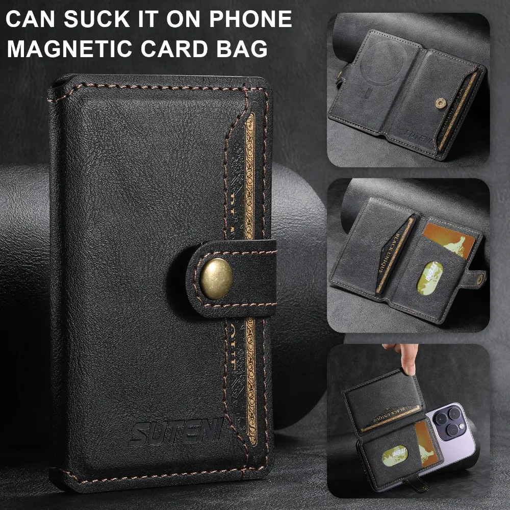 Luxury Leather Wallet Phone Magsafe Magnetic Card Holder for iPhone 15 14 13 12 11 Pro Max Plus Mini Mobile Bank ID Card Holder