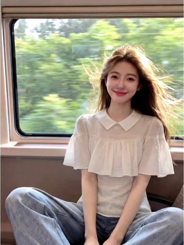 

Sweet Gentle Pleated Short Sleeve Shirt Women's 2026 Summer Unique Charming Age-Defying Blouse Korean Style Slim Fit