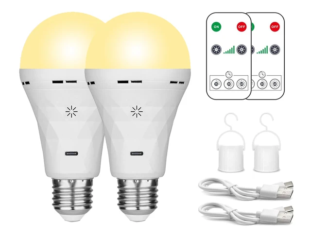 Żarówka LED USB, żarówki z możliwością ładowania E27, żarówki awaryjne ciepłe z możliwością ściemniania czasowego do bezprzewodowego kinkietu ściennego, (2 sztuki)