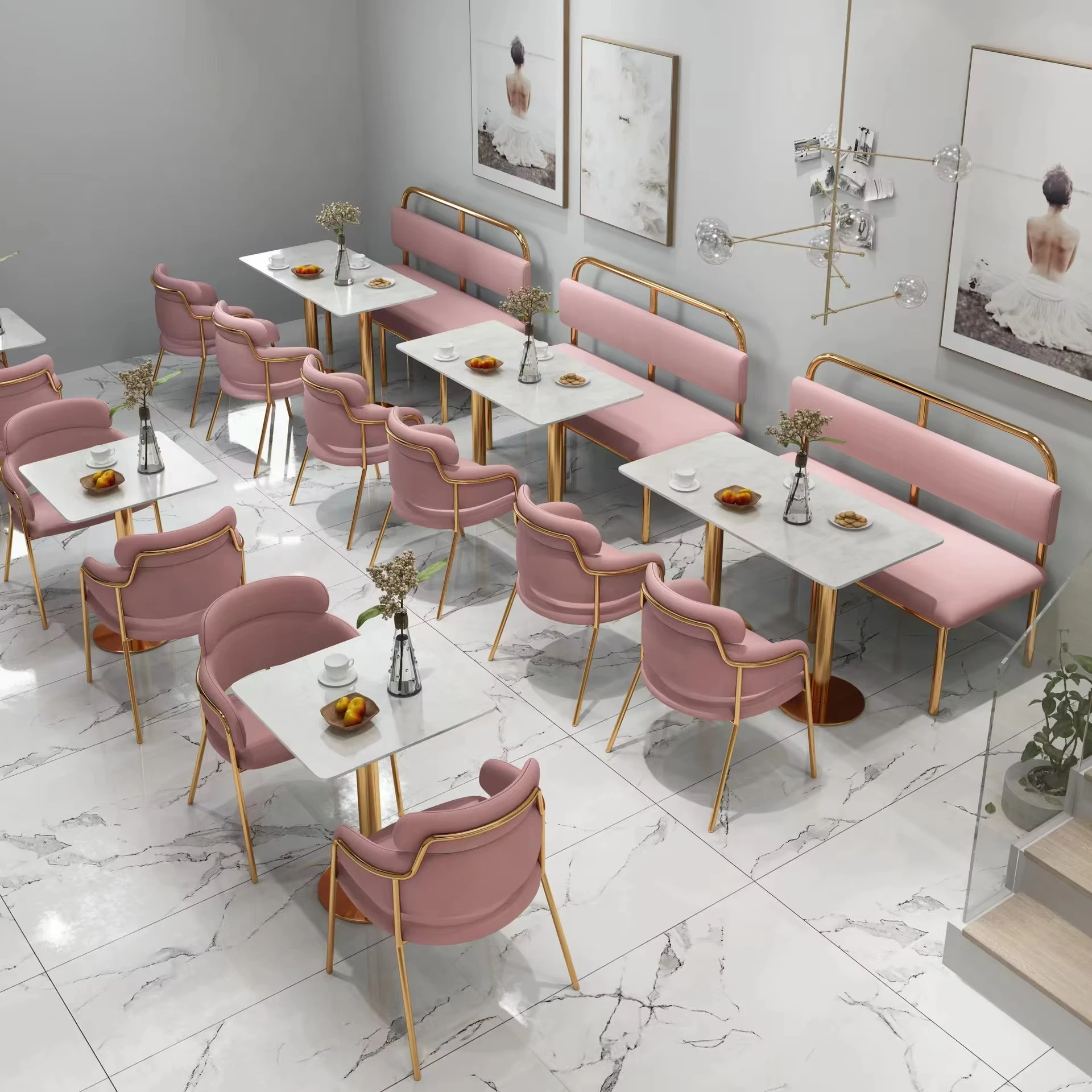 #Nordic Hotel Dining Casual Negotiation Area Table And Chairs Light Luxury Pink Velvet Chair