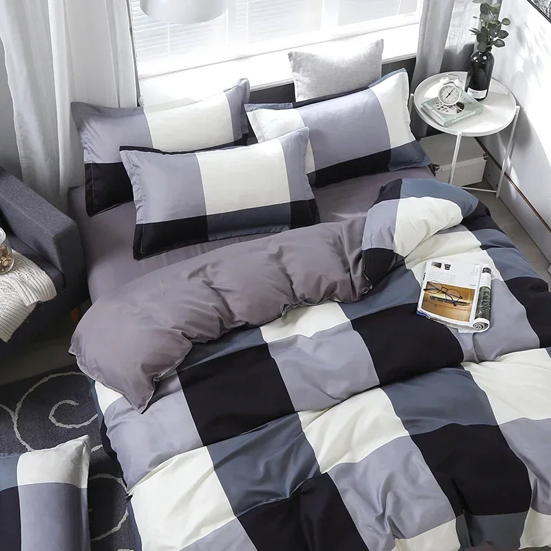 Grid Plaid Duvet Cover Set Modern Checkered Bedding Set Hotel Quality 4 Pieces Comforter Cover Set Luxury Zipper Closure Beddin