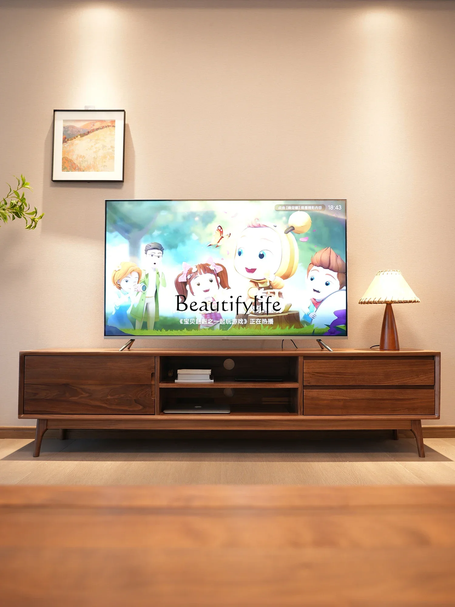 

FG17*black walnut TV cabinet living room home all solid wood floor modern simple audio-visual cabinet