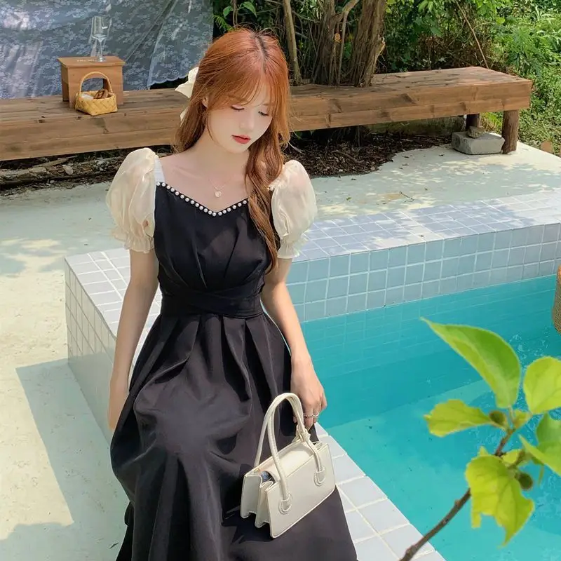 

Summer New Plus Size Chubby Temperament Age Reducing Small Black Dress Waist Cinching Slimming Medium to Long Black Hepburn