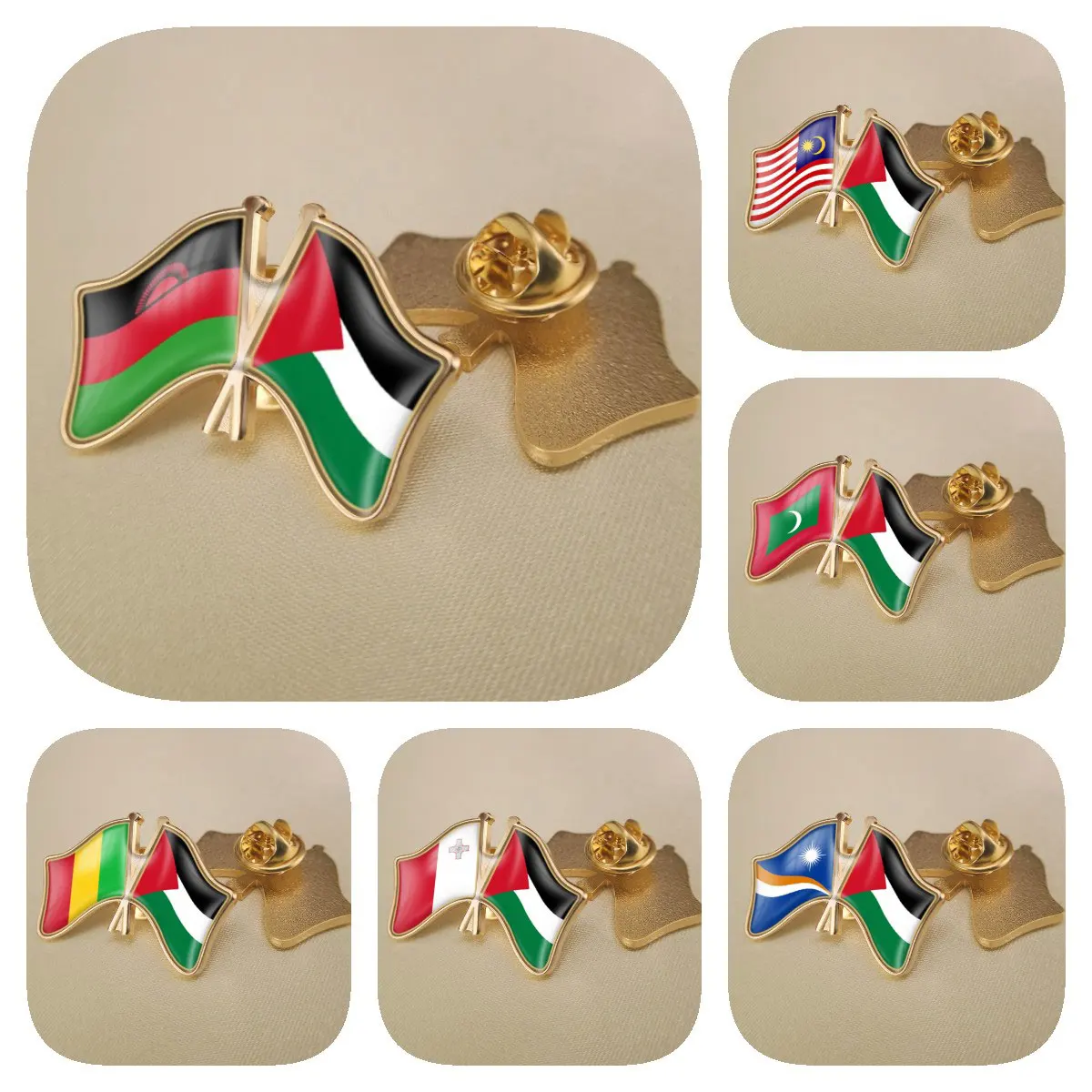 Palestine and Malawi Malaysia Maldives Mali Malta Marshall Islands Double Crossed Friendship Flags Brooches Lapel Pins Badges