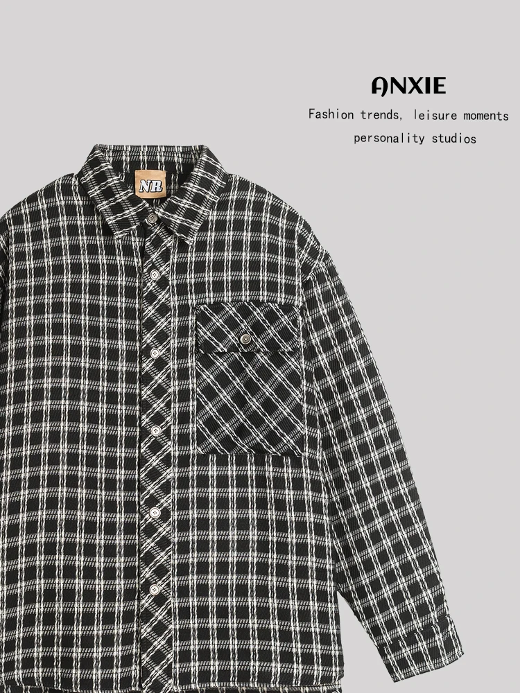 

ANXIE Trendy Brand Loose Plaid irt Women's Men's Long Sve Flip Collar Autumn Season High Street Sle