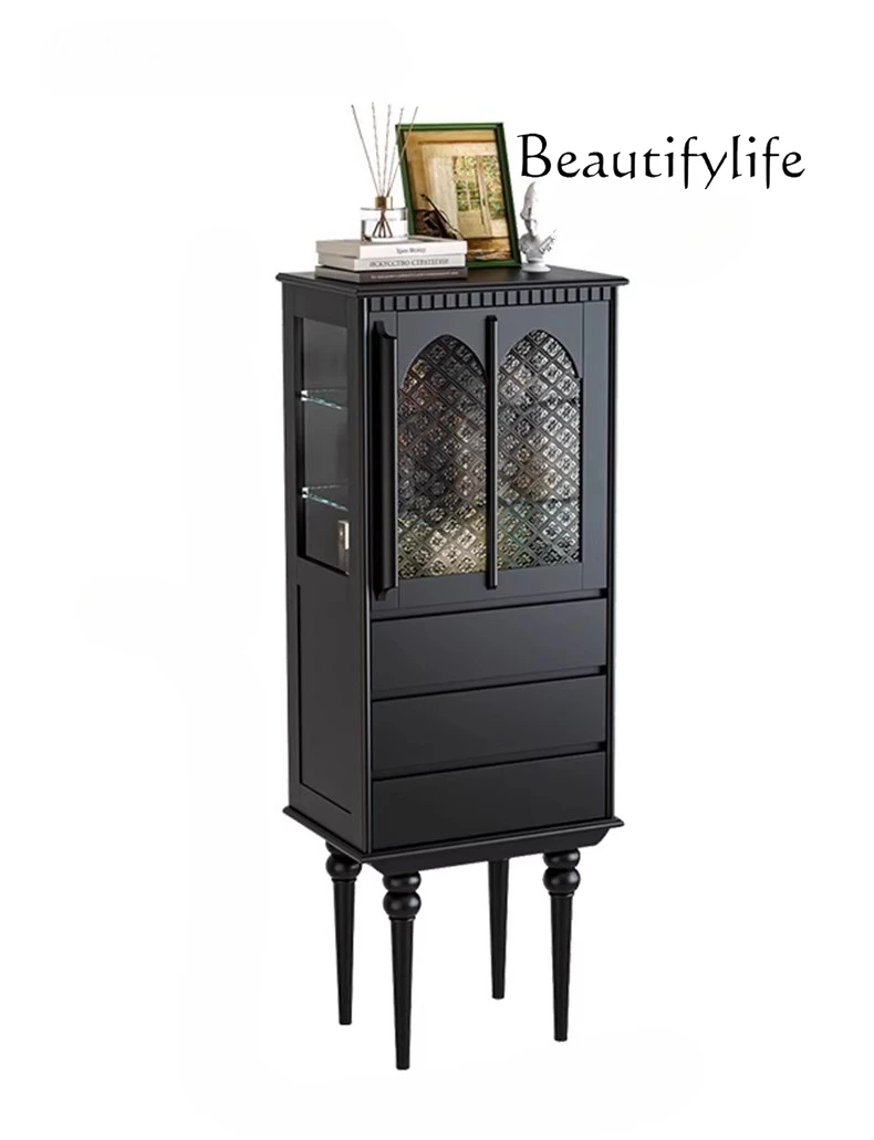 

French cream white solid wood American side cabinet glass door storage wine cabinet living room display floor