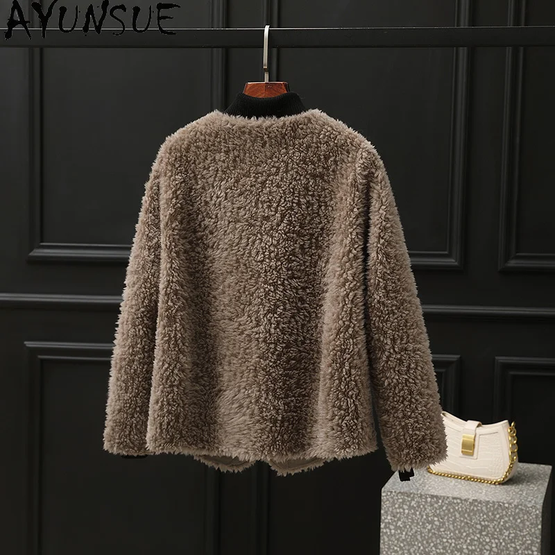 معطف صوف 100% من AYUNSUE للنساء 2025 جاكيت شيرلينغ من الحبوب ملابس الخريف والشتاء للسيدات كوري palldtt Жengarško فرو مركب