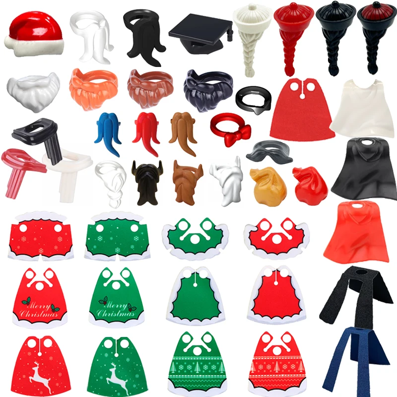 

MOC Рождественская фигурка в аксессуарах, строительные блоки, Санта-Клаус, шарф с бородой, красная шапка Санта-Клауса, собранные частицы, детские кирпичные игрушки