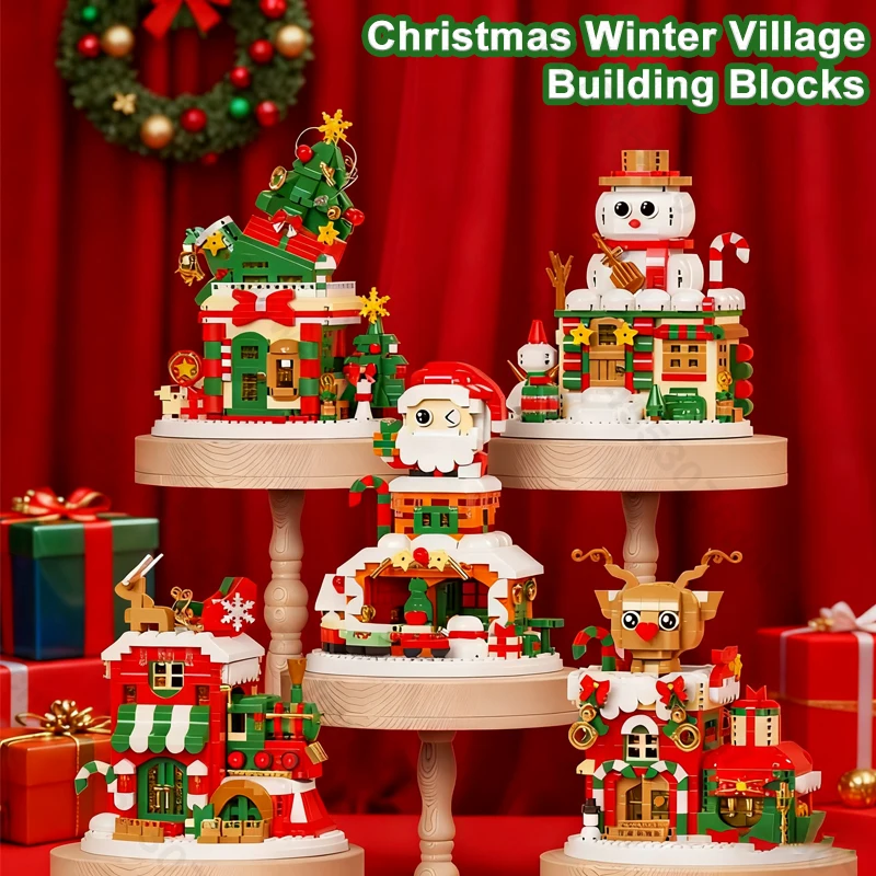 

Christmas Winter Village Building Block Santa Claus Snowman Elk Tree Micro Brick Puzzle Assembly Model Home Decoration Xmas Gift