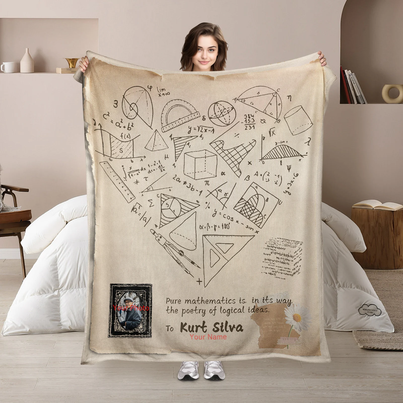 Customizable Image And Text Stylish Blanket Merges Heart Formula With Personal Elements For Winter