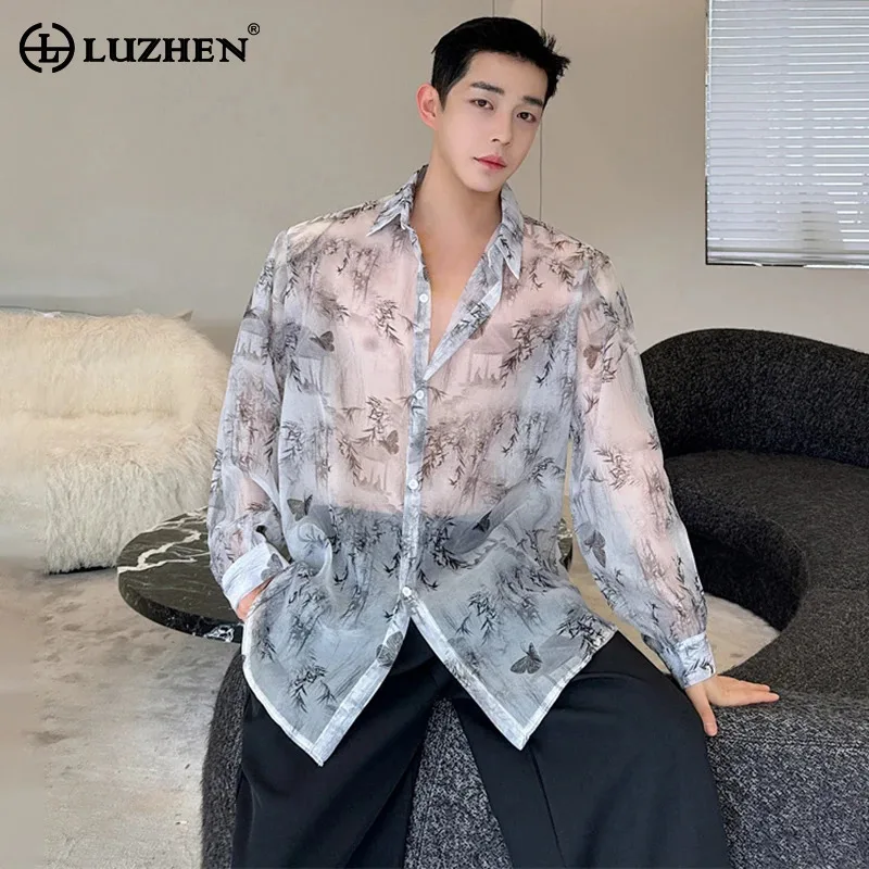 

LUZHEN 2024 New Print Translucent Design Long Sleeved Shirts Thin Original Men's Personality Trendy High Street Clothes LZ6043