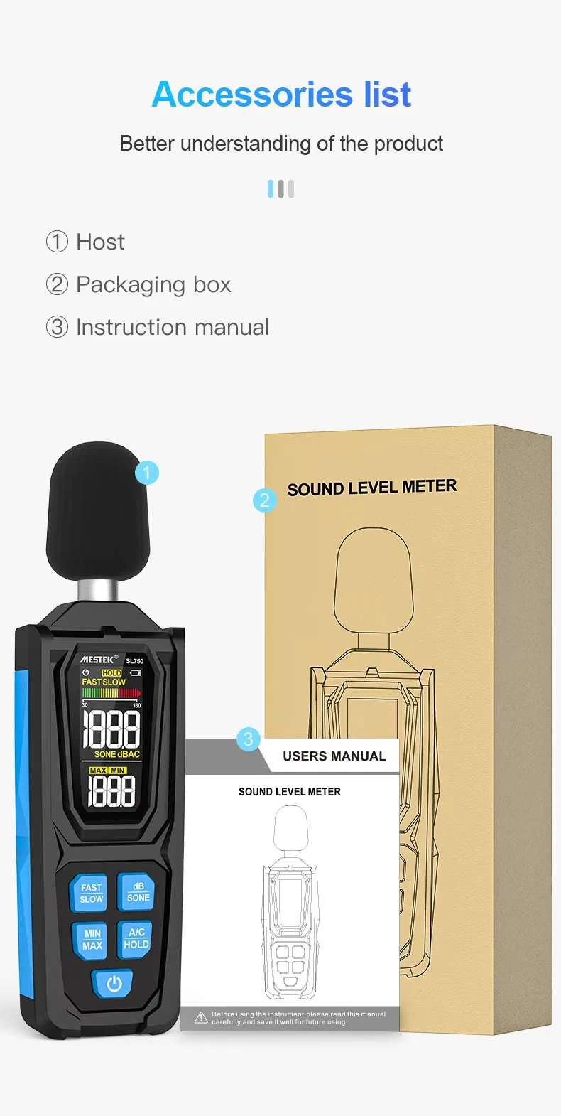 SL750B Digitales Schallpegelmessgerät 30–130 dB A/C gewichtetes professionelles Sonometer Lärmtester Lärm Dezibel-Messgerät – Detail 15
